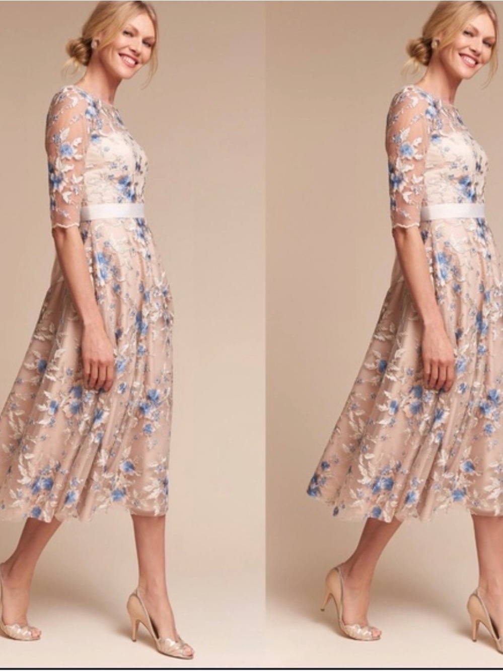 Anthropology Linden dress Nude Midi Dress with Blue Floral Embroidery